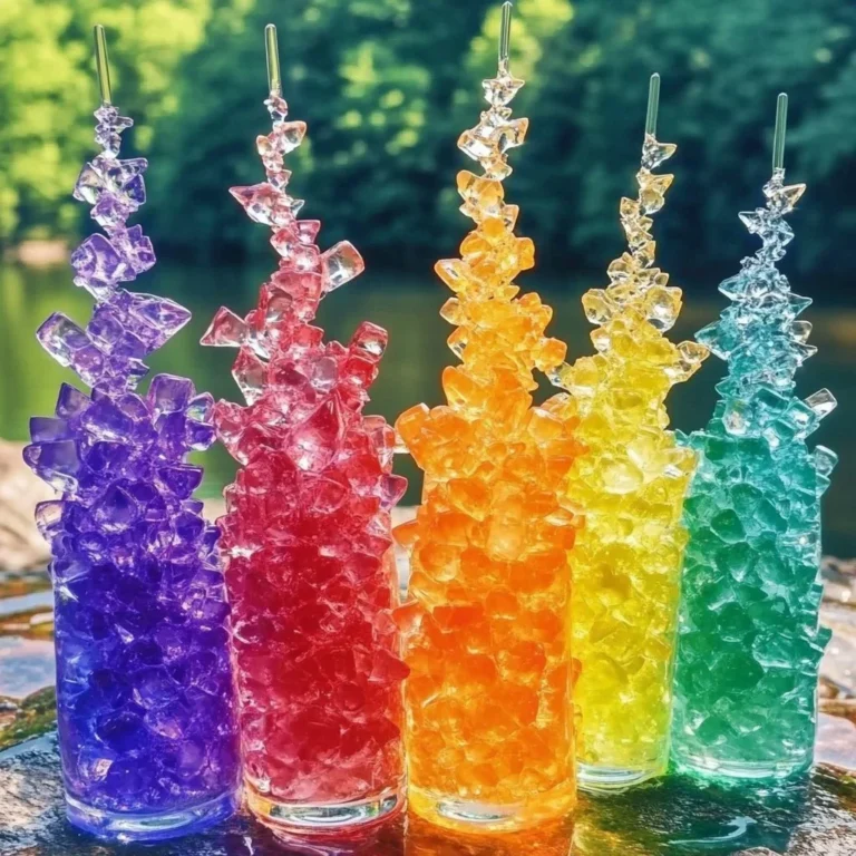 Colorful rainbow crystals formed from baking soda in a vibrant forest setting.