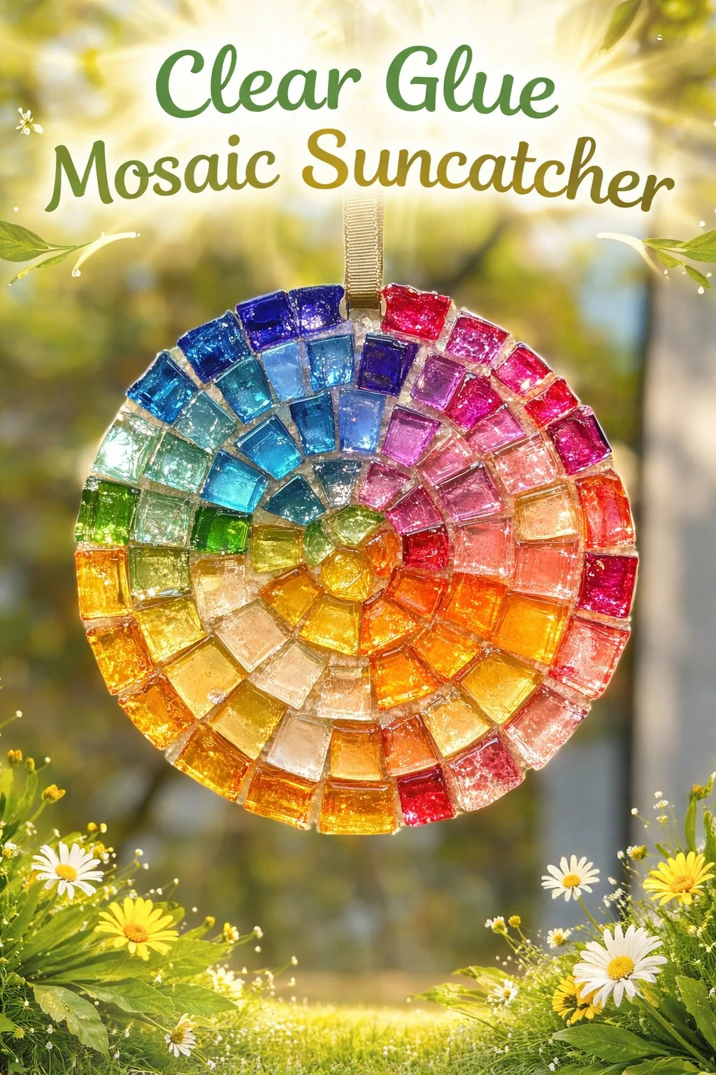 Colorful clear glue mosaic suncatcher art piece shining in sunlight