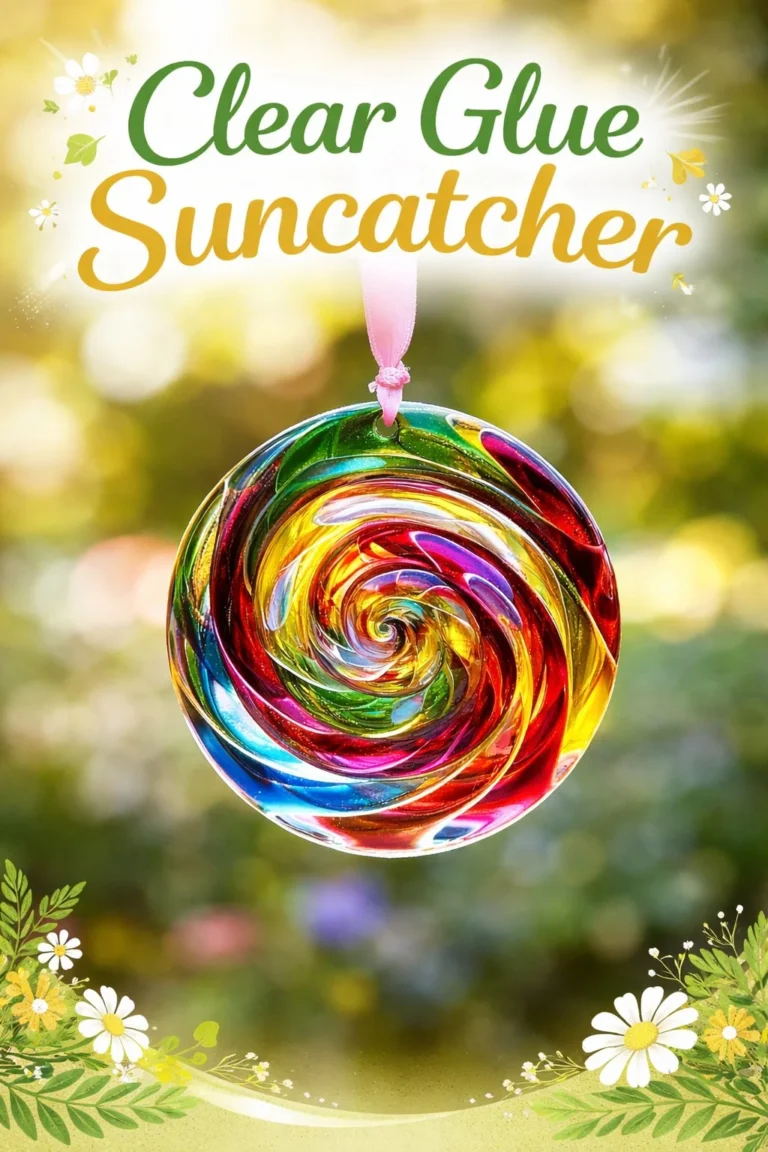 Colorful suncatchers made with clear glue hanging in a sunlit window