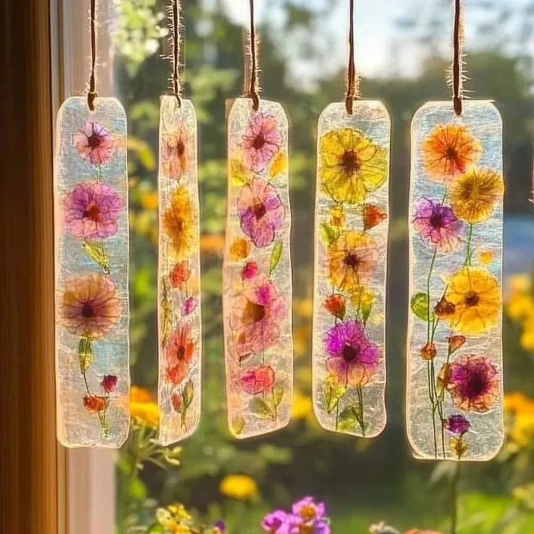 Colorful DIY bioplastic suncatchers hanging in a sunny window.