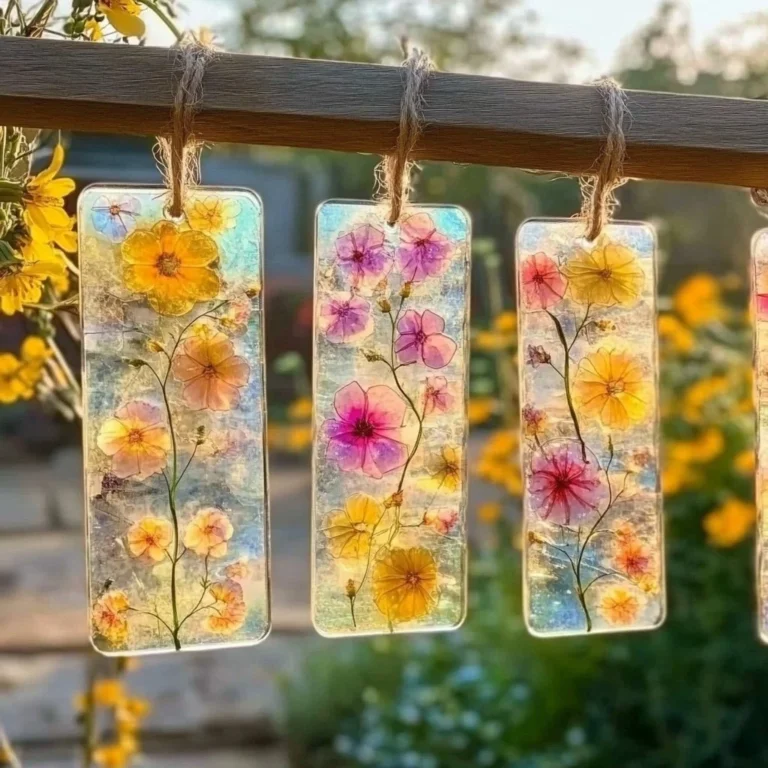 Colorful DIY bioplastic suncatchers hanging in sunlight