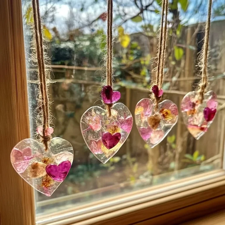 Colorful DIY bioplastic suncatchers hanging in a sunlit window