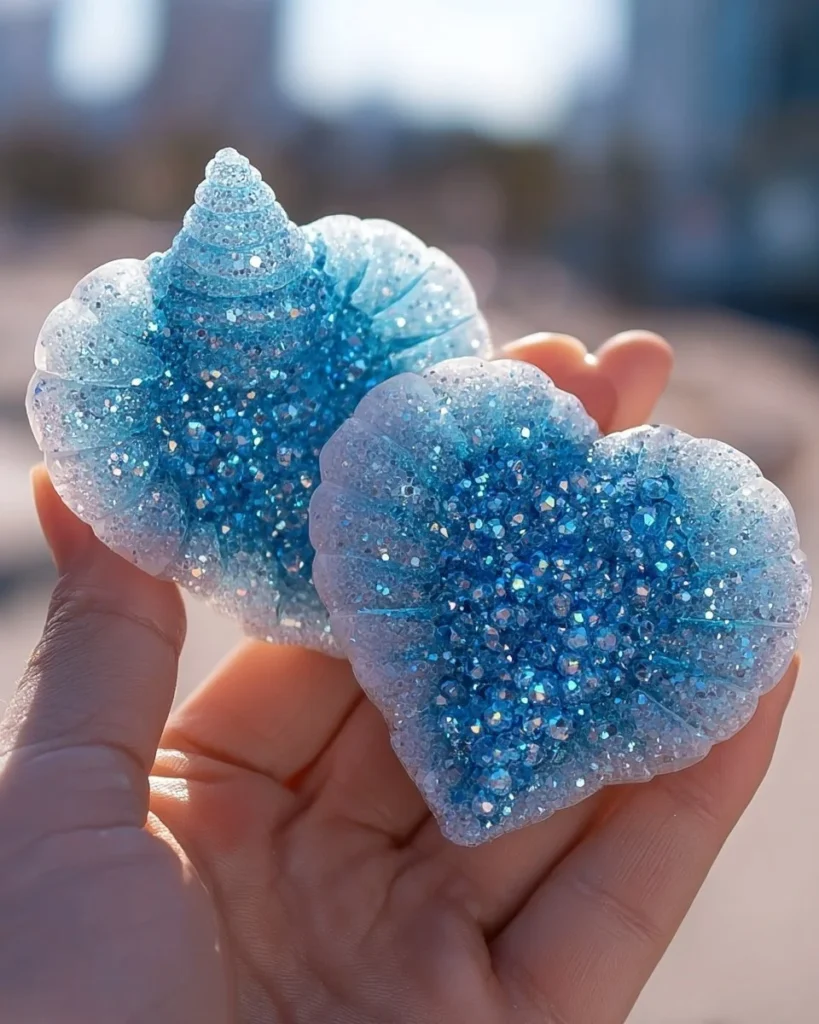 Beautiful DIY crystal seashells crafted with shimmering materials.