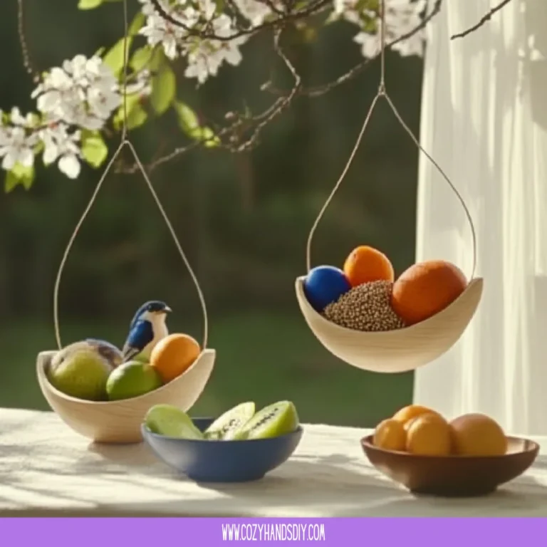 DIY fruit and seed bird feeders attracting colorful birds