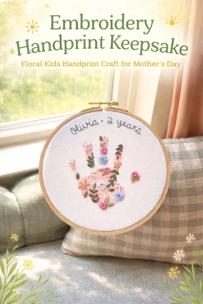 Embroidered handprint keepsake showcasing a child's unique print