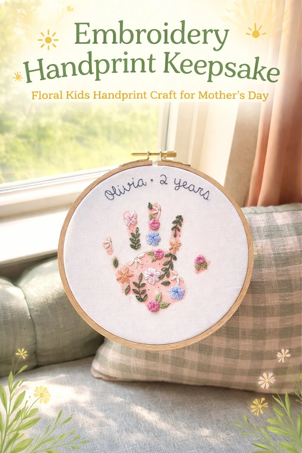 Embroidered handprint keepsake showcasing a child's unique print