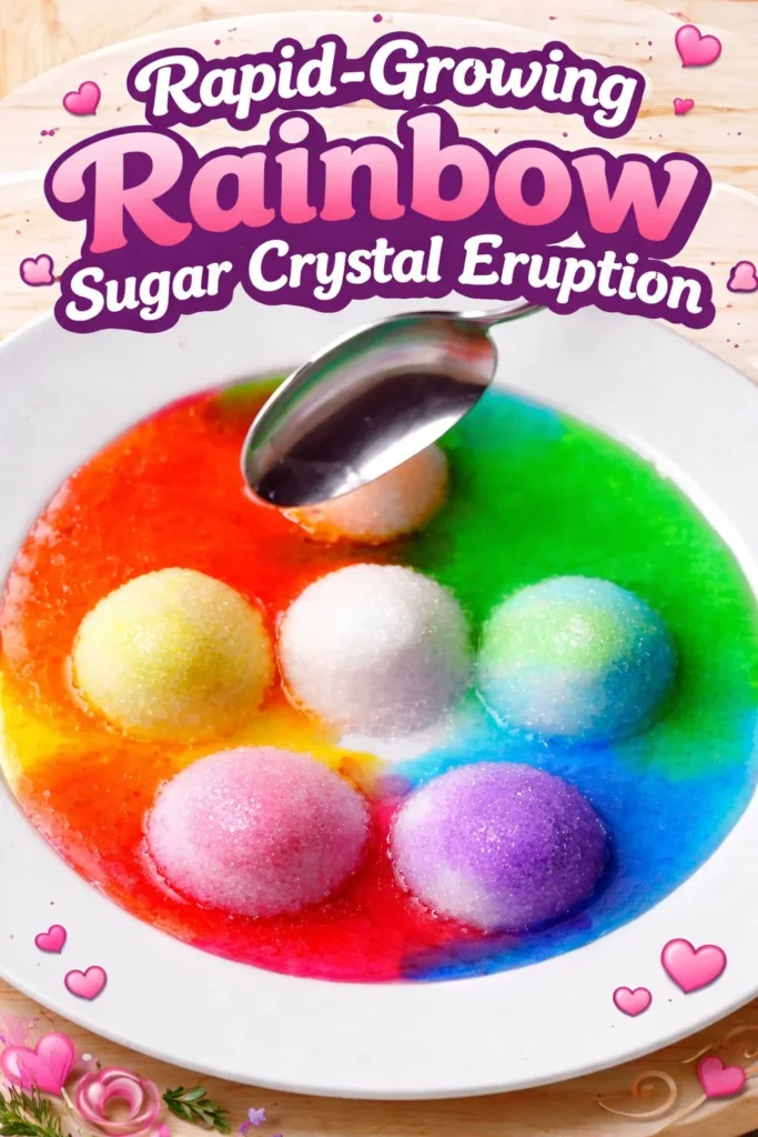 Vibrant rainbow sugar crystals forming in a colorful eruption.