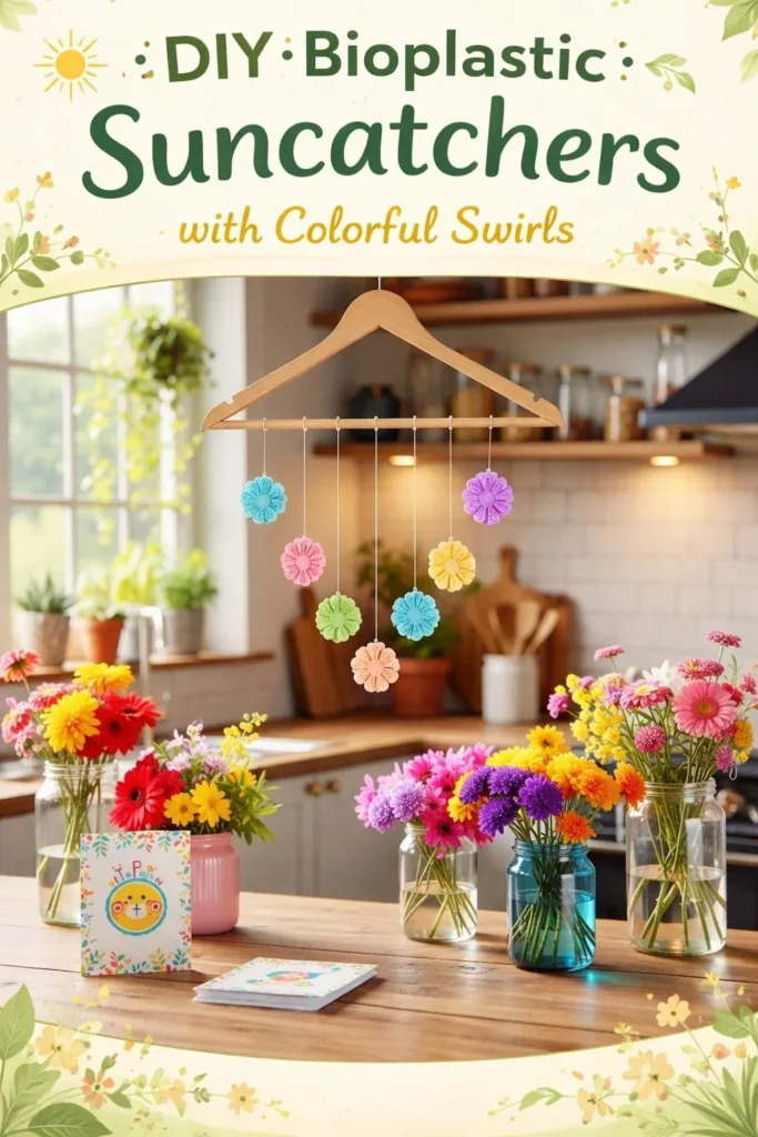 Colorful DIY bioplastic suncatchers with swirling patterns hanging in sunlight.