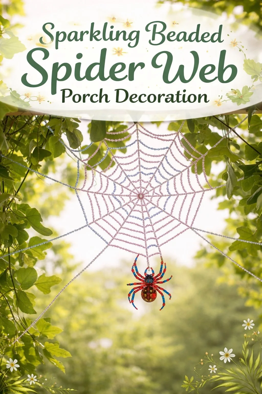 Sparkling beaded spider web porch decoration perfect for Halloween