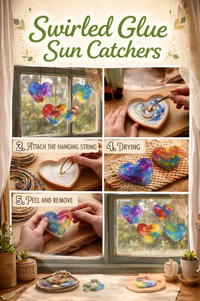 Colorful swirled glue sun catchers hanging in a window