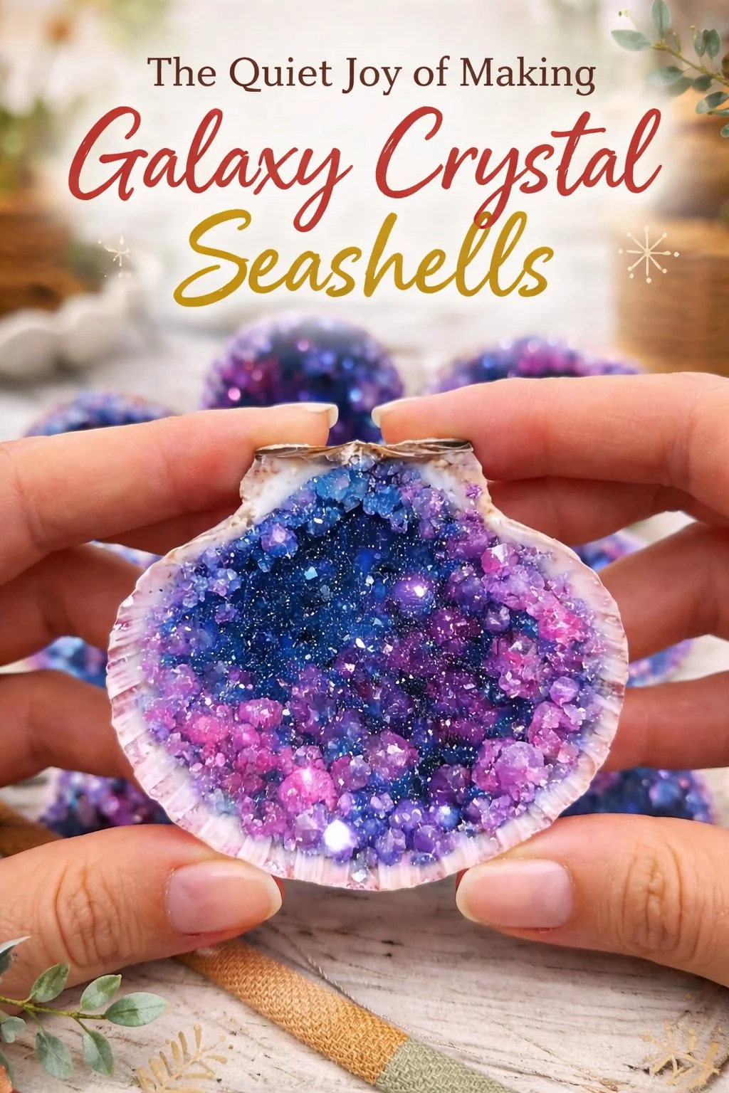 Beautiful handmade Galaxy Crystal Seashells reflecting vibrant colors and intricate designs.