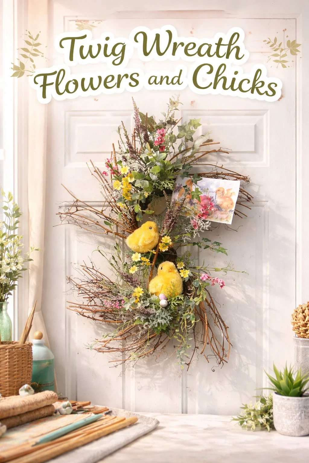 Twig wreath decorated with flowers and chicks for spring home decor