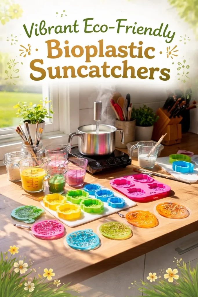 Vibrant eco-friendly bioplastic suncatchers hanging in sunlight