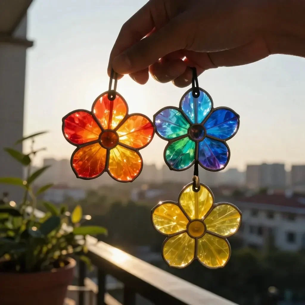 Glowing rainbow flowers made from recycled broken crayons representing eco-friendly art.