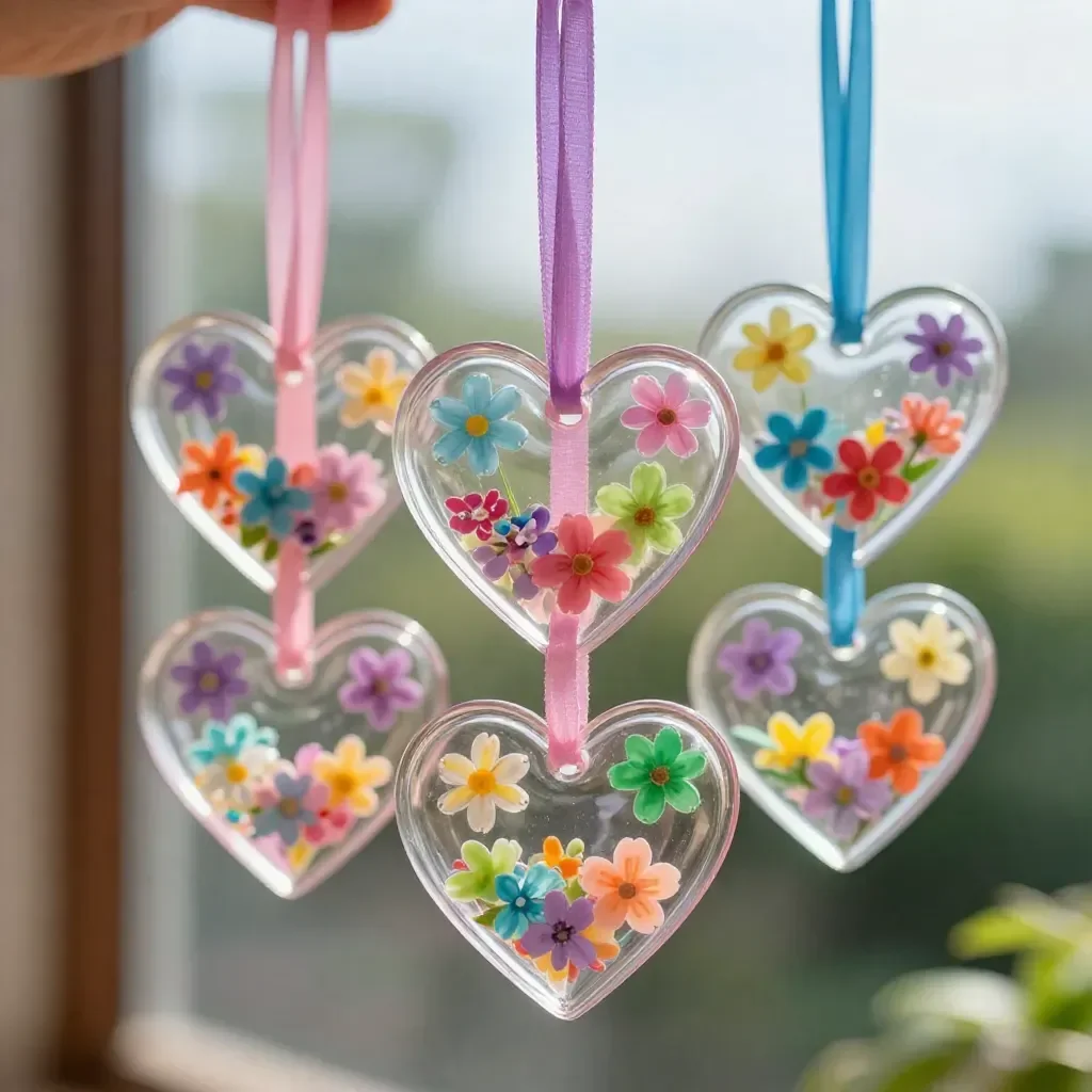 Colorful DIY bioplastic suncatchers hanging in a sunny window