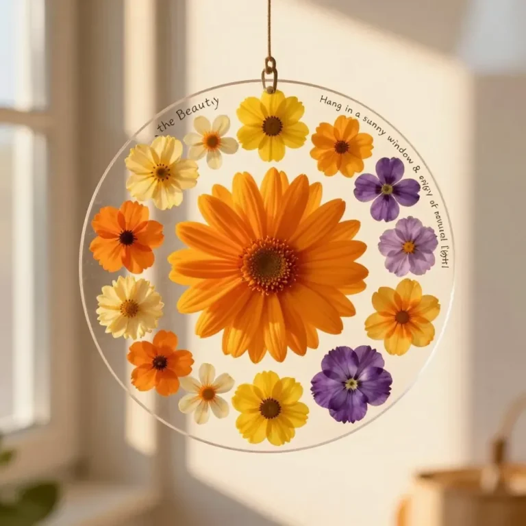 DIY floral suncatchers hanging in a sunny window for cozy home decor