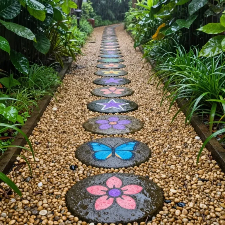 Colorful and creative hidden colors stepping stones in a garden pathway