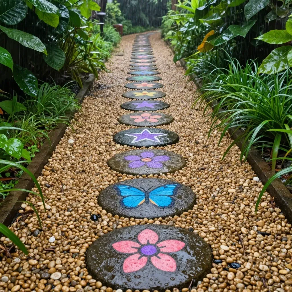Colorful and creative hidden colors stepping stones in a garden pathway