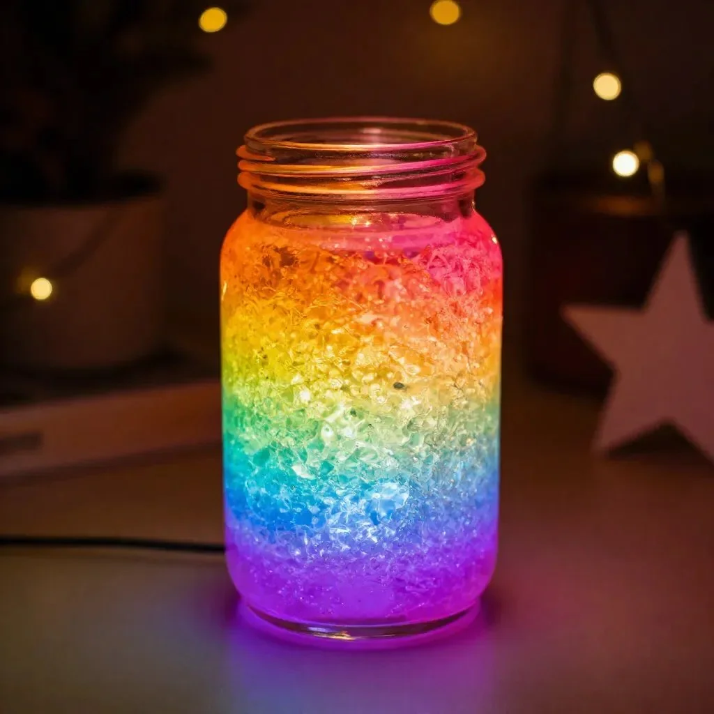 Cozy light-up lava lamp bottle casting a warm, colorful glow in a room
