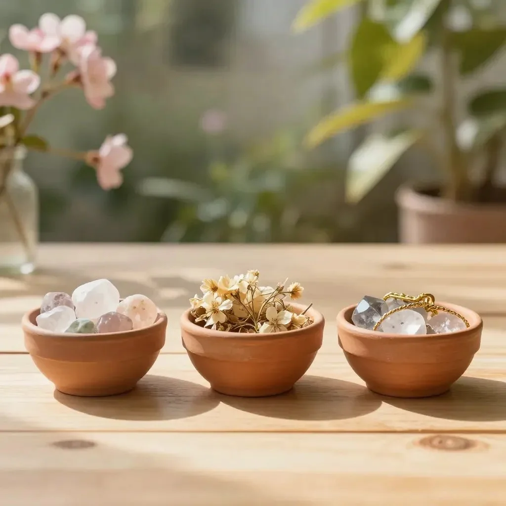 Cozy terracotta pots decorated with plants and crafts, no oven needed.