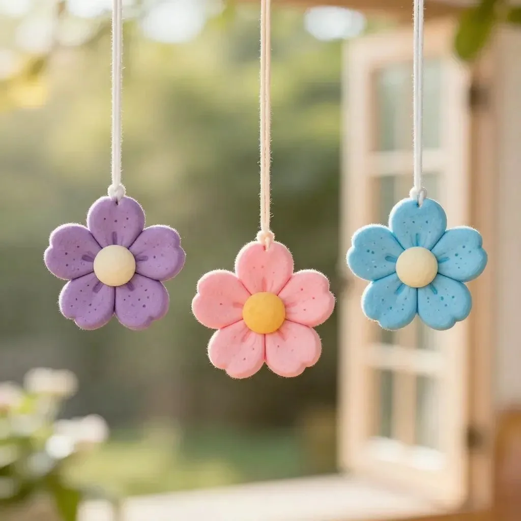 Colorful plastic bottle flower suncatchers hanging in a sunny window