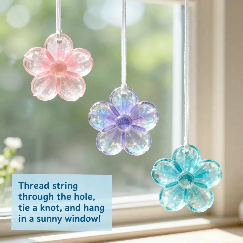 Colorful flower suncatchers made from recycled plastic bottles