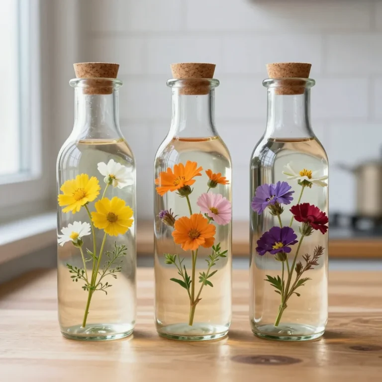 Preserved flowers in oil displayed as beautiful keepsakes.