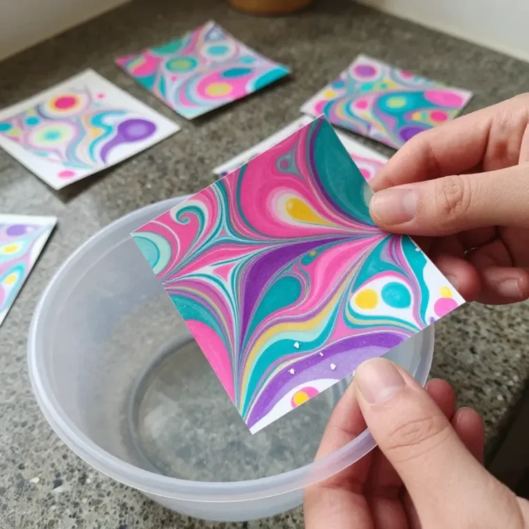 A cozy water marbling craft project with vibrant designs on paper and fabric.