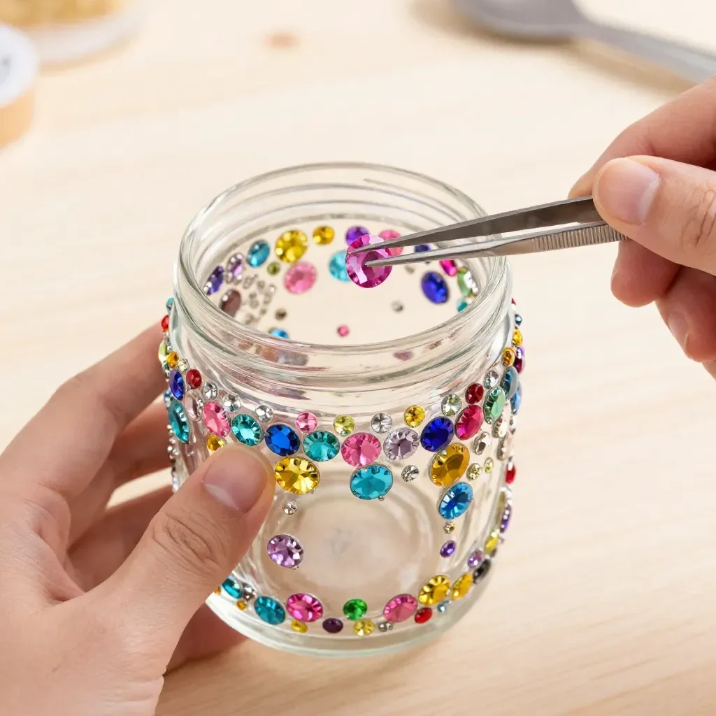 A beautifully crafted DIY gemstone glow jar glowing in a cozy room setting.