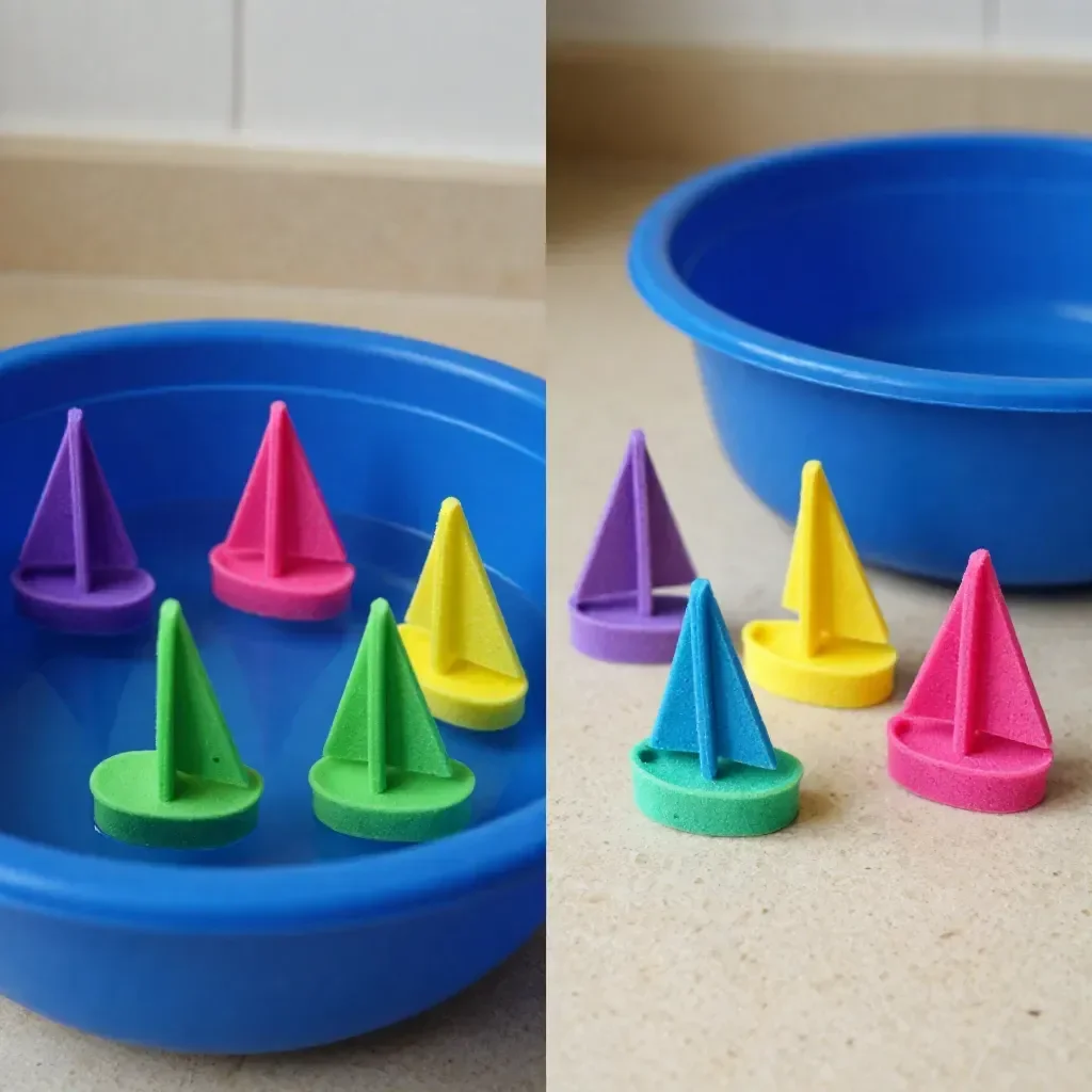 Colorful floating sailboats made from pool noodles for kids' summer fun.