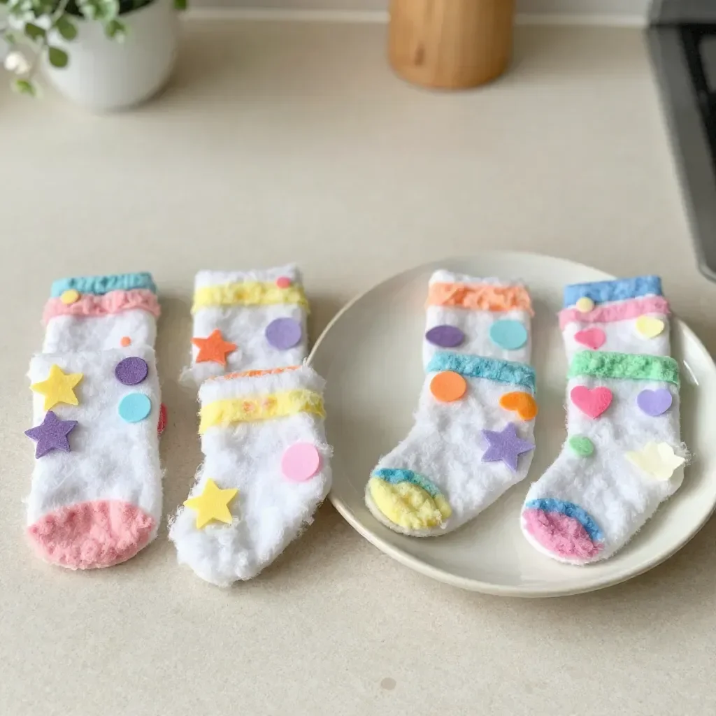 Colorful puffy paint sock art displayed as cozy decorative pieces