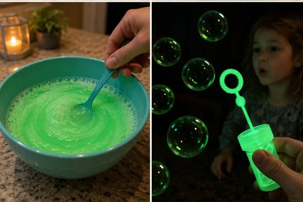 Bottle of glow-in-the-dark bubble solution glowing in the dark