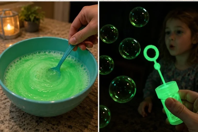 Bottle of glow-in-the-dark bubble solution glowing in the dark