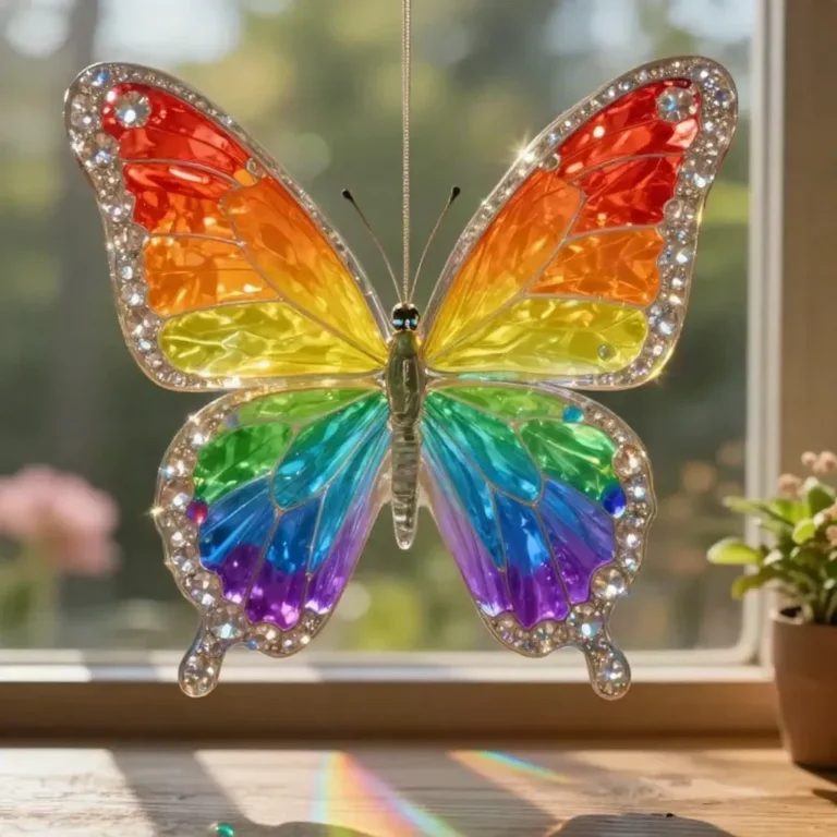 Colorful crystal rainbow butterfly suncatcher reflecting light in a window