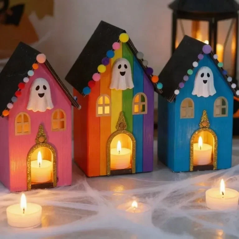 Colorful unicorn haunted house village with rainbow decorations for Halloween