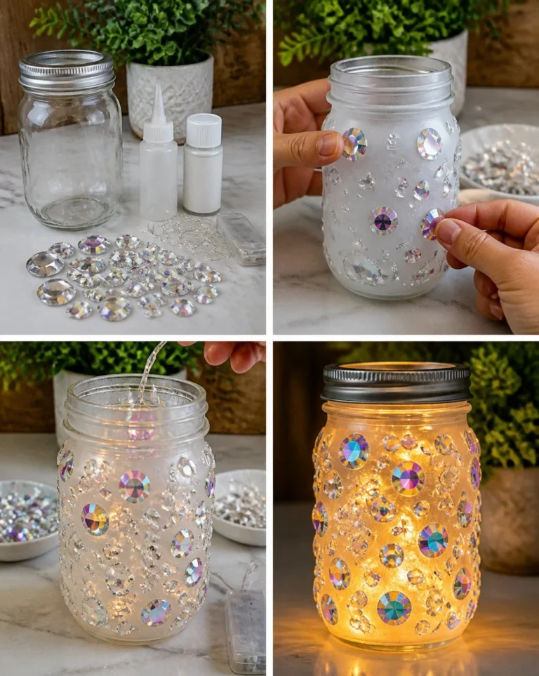 DIY Mason Jar Lantern with crystal accents for decorative lighting