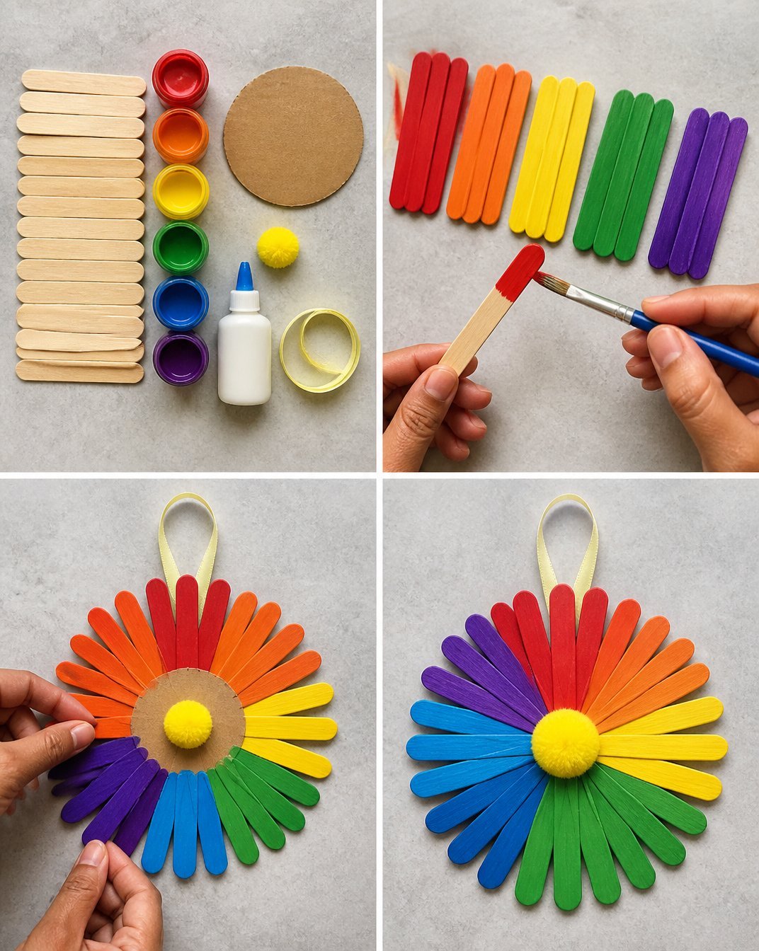 DIY Rainbow Popsicle-Stick Flower Wheel Craft
