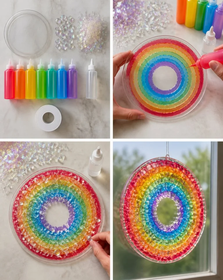 Geode rainbow crystal window ornament catching light and creating vibrant colors.