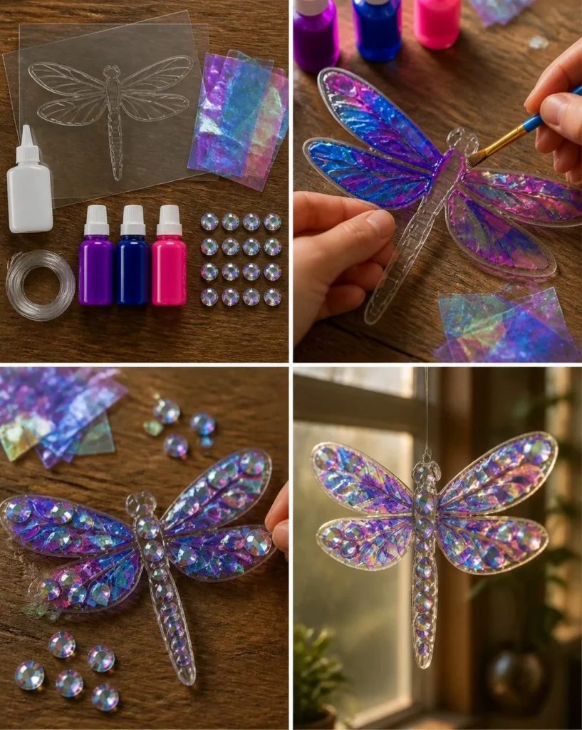 Iridescent dragonfly crystal window ornament reflecting light