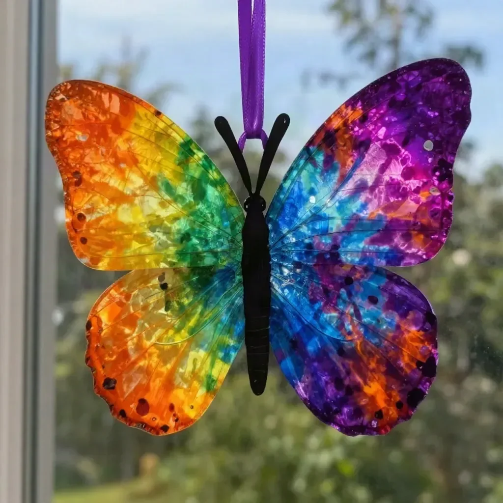 Melted crayon rainbow butterfly suncatcher hanging in sunlight