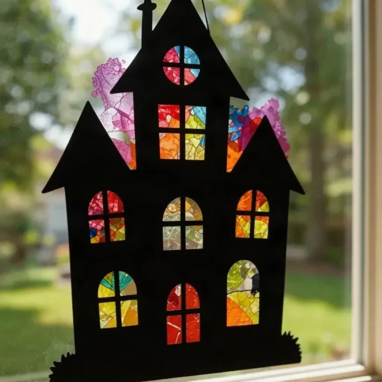 Melted crayon rainbow suncatcher shaped like a haunted house