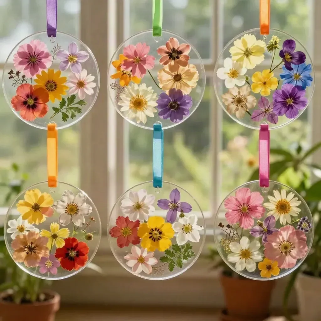 Pressed flower rainbow window medallions showcasing colorful floral designs.