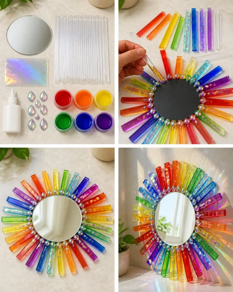 Prismatic Rainbow Crystal Mirror Sunburst Wall Art for vibrant decor