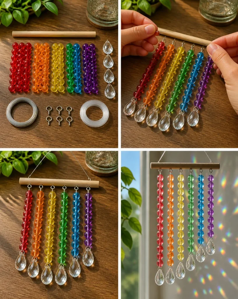 Prismatic rainbow crystal waterfall sun catcher hanging in a window