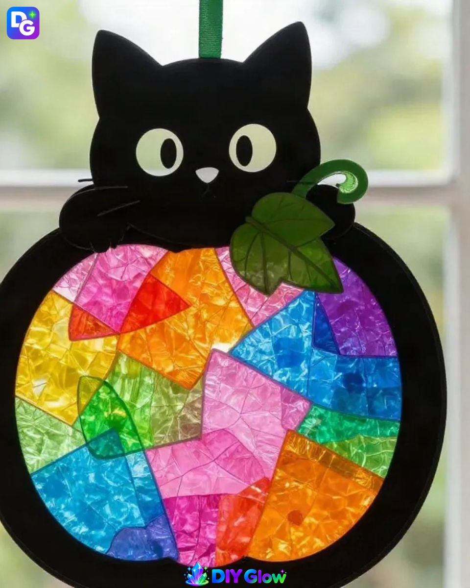 Rainbow Black-Kitten Pumpkin Suncatcher