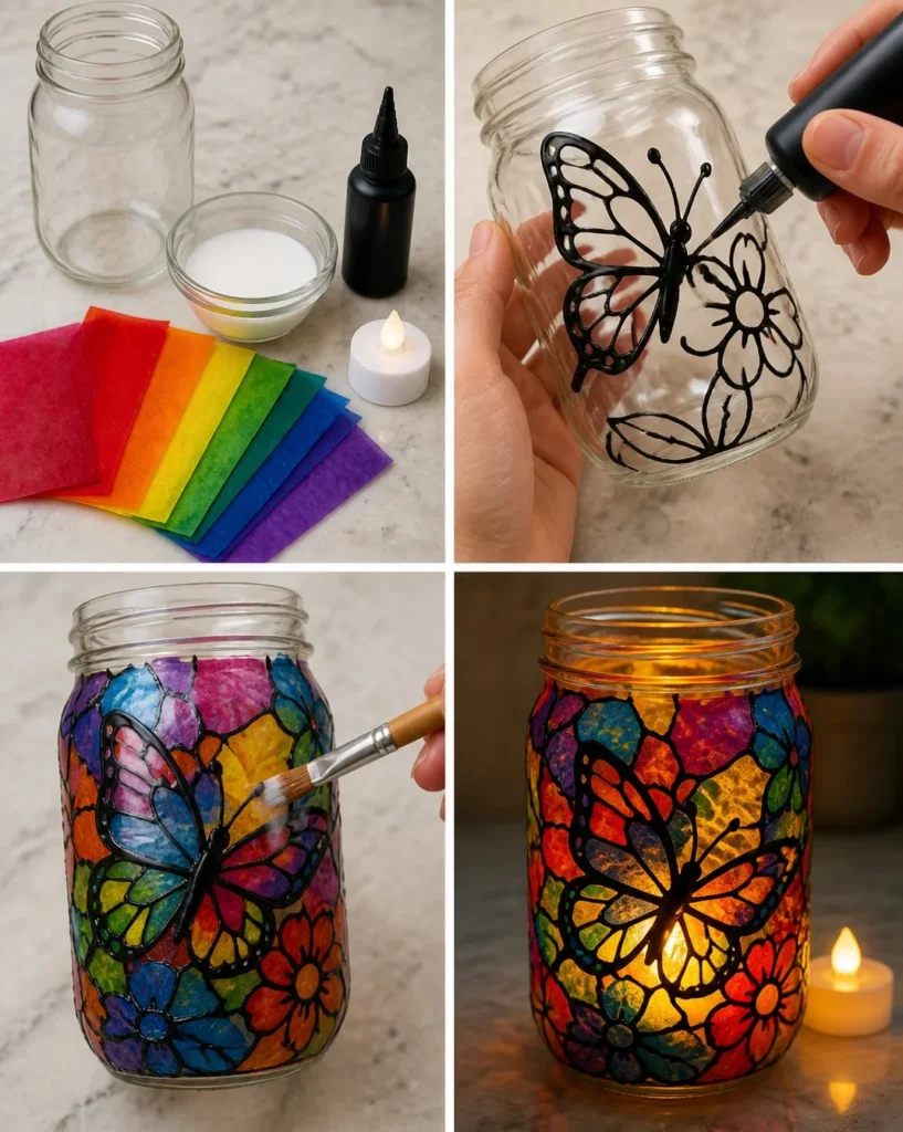 Rainbow Butterfly Jar with Stained Glass – Handcrafted Home Decor