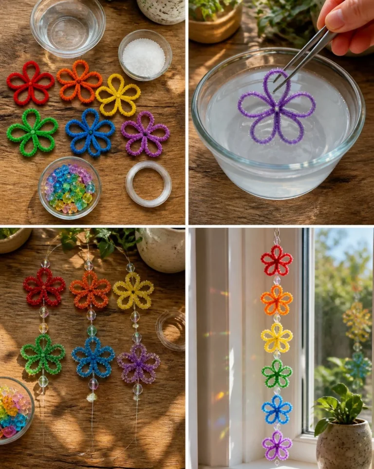 Rainbow Crystal Flower Suncatcher Chain reflecting sunlight and creating colorful patterns