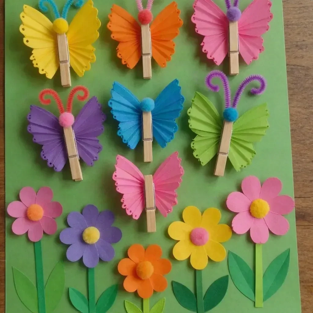 Colorful butterfly garden made with rainbow cupcake liners