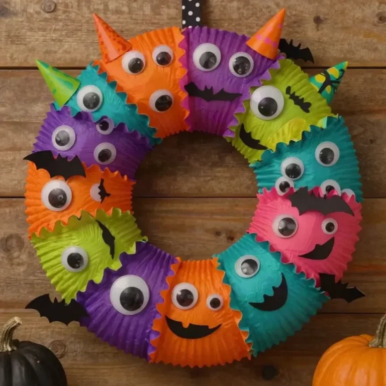 Colorful Rainbow Cupcake-Liner Halloween Monster Wreath for festive decor
