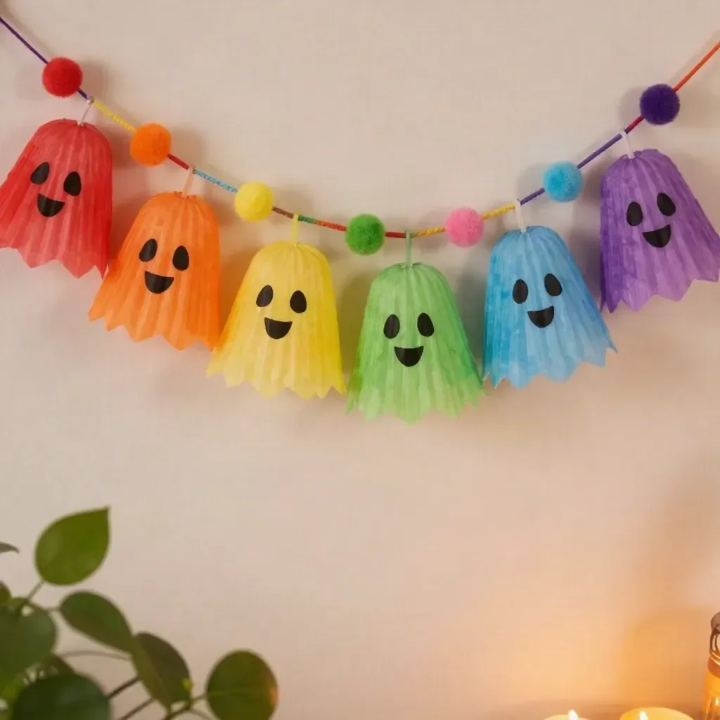 Rainbow Ghost Cupcake-Liner Garland for Halloween decorations